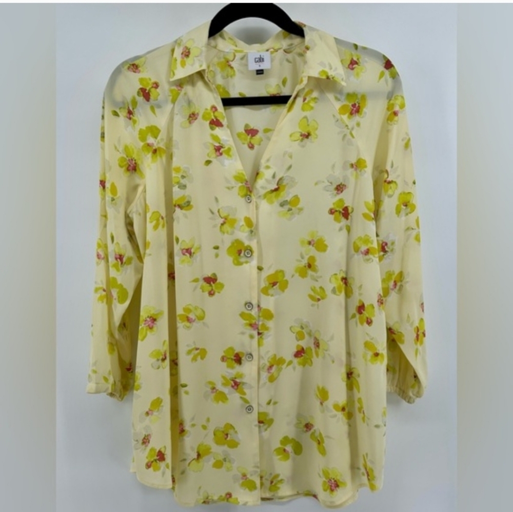 CAbi Pale Yellow Floral Button-Down Shirt "Go To"- Size Small